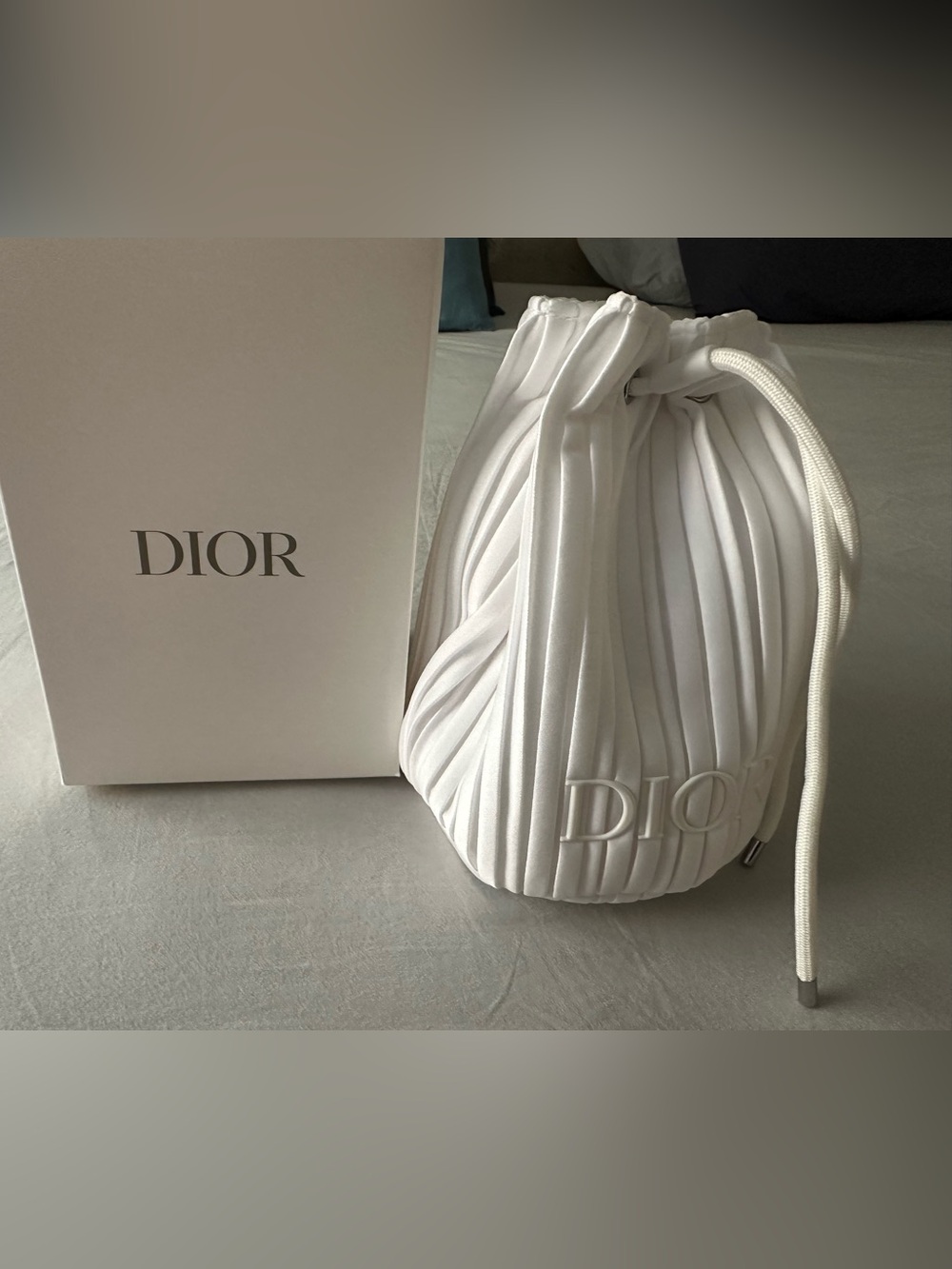 DIOR White Pleated Drawstring Bucket Cosmetic Bag